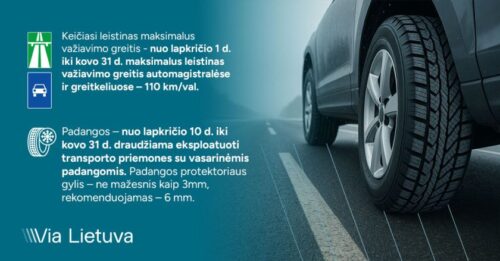 „Via Lietuva“: sezoniniai pasikeitimai keliuose – mažėja greitis automagistralėse ir greitkeliuose, prasideda žieminių padangų sezonas